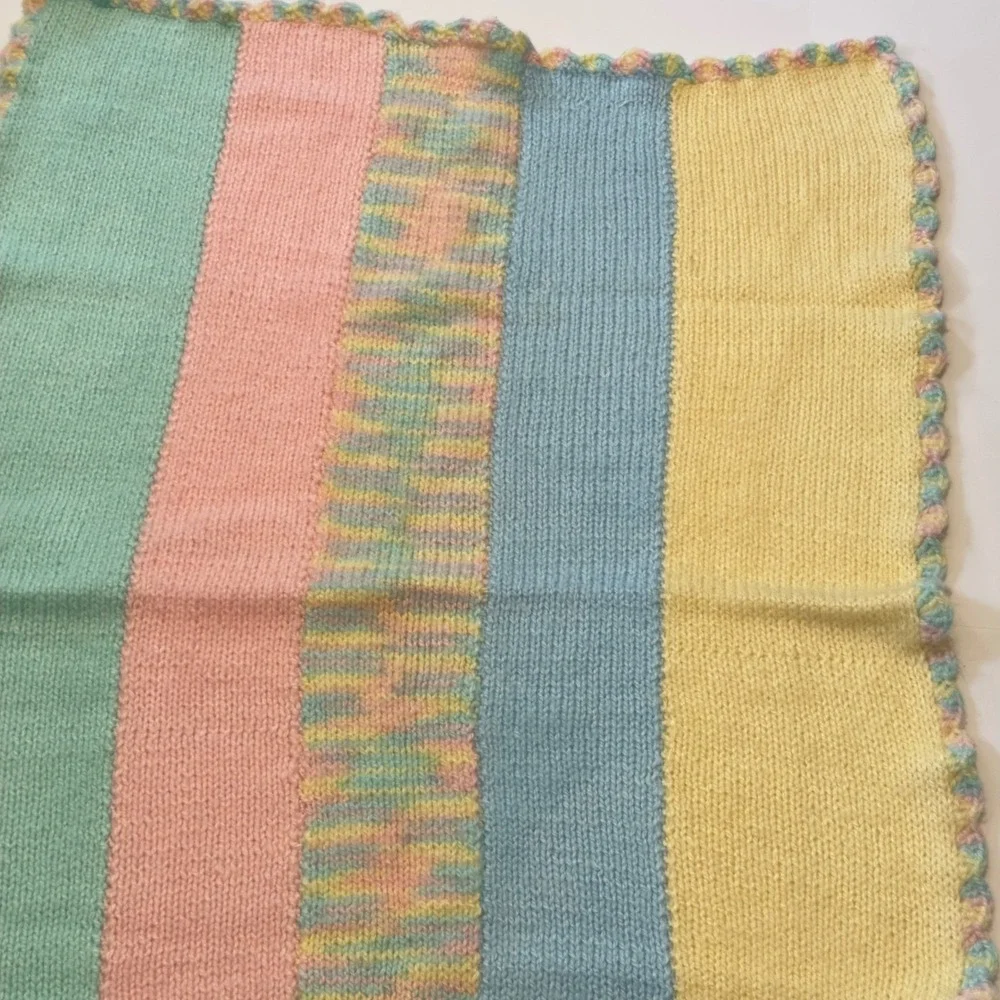 Handmade Knit Baby Blanket Pastel Stripe Scallop Crochet Edge Multi Color 30X38